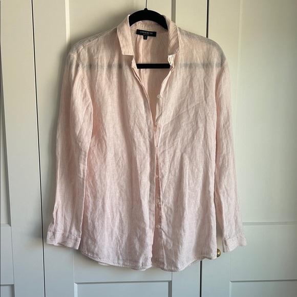 Lafayette 148 New York Light Pink Pinstripe Linen Button Down Shirt | S - Picture 2 of 7